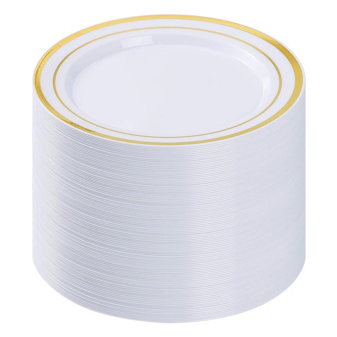 100PCS GOLD PLASTIC PLATE 1025 INCH DISPOSABLE DINNER PLATE PARTY WITH GOLD RIM HEAVY DUTY DISPOSABLE PLASTIC PLATES FOR PARTY WEDDING AND BIRTHDAY