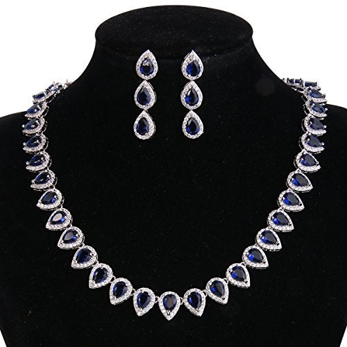 EleQueen Women's Silver-tone Full Prong Cubic Zirconia Teardrop Bridal Necklace Earrings Set Sapphire Color - Image 5