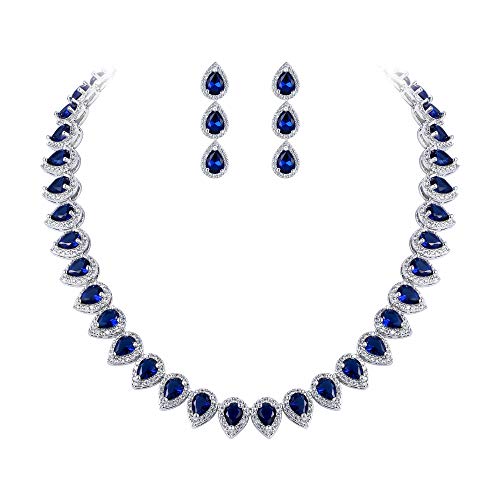EleQueen Women's Silver-tone Full Prong Cubic Zirconia Teardrop Bridal Necklace Earrings Set Sapphire Color - Image 1