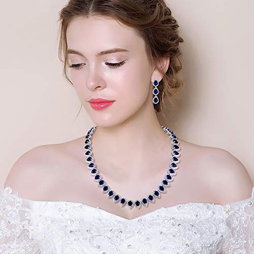 EleQueen Women's Silver-tone Full Prong Cubic Zirconia Teardrop Bridal Necklace Earrings Set Sapphire Color - Image 2