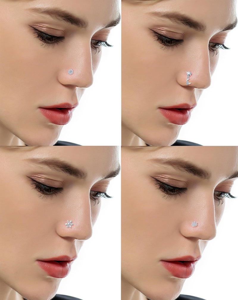 Tornito 16Pcs Nose Rings L Shaped Nose Stud Stainless Steel Butterfly Flower Leaf Heart Moon Dangle Nose Stud Ring Body Piercing Jewelry for Women Men 20G Clear CZ - Image 3