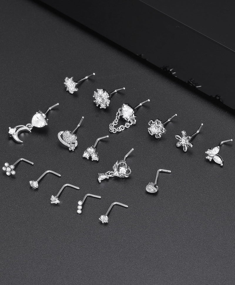 Tornito 16Pcs Nose Rings L Shaped Nose Stud Stainless Steel Butterfly Flower Leaf Heart Moon Dangle Nose Stud Ring Body Piercing Jewelry for Women Men 20G Clear CZ - Image 5