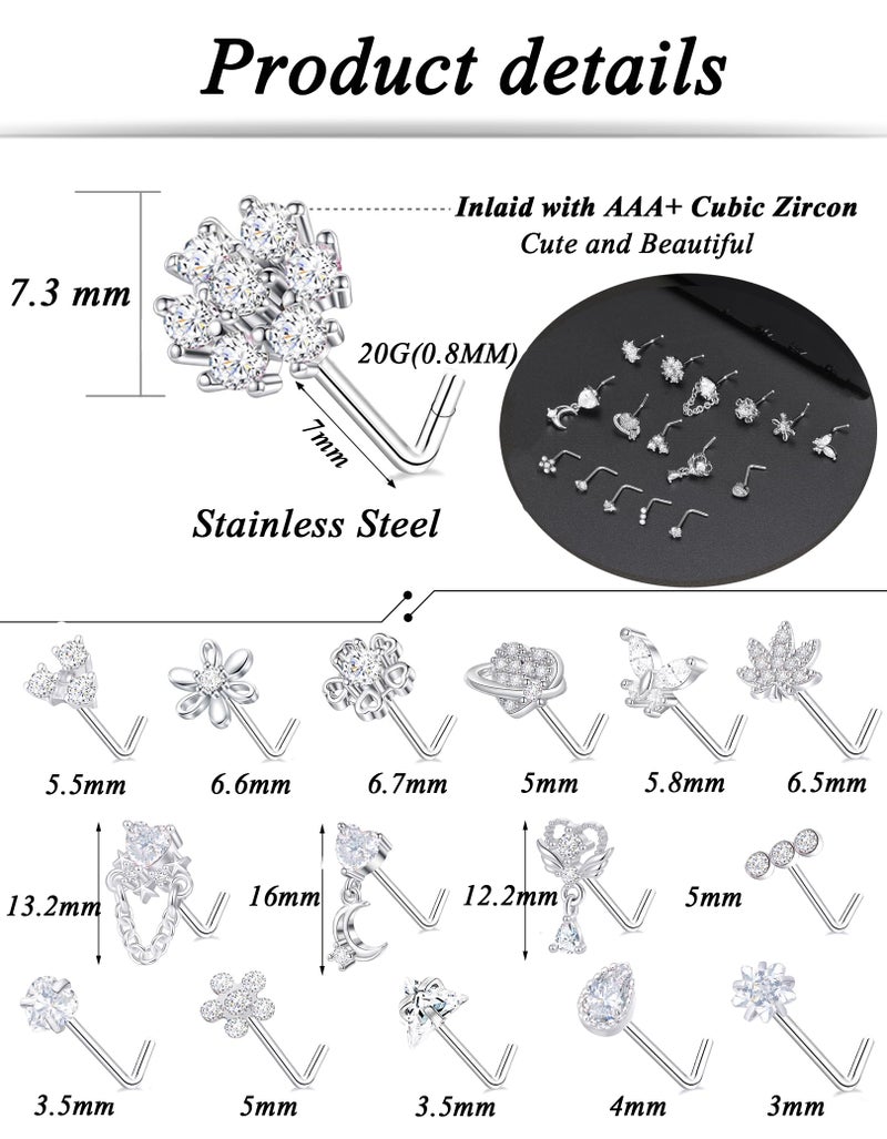 Tornito 16Pcs Nose Rings L Shaped Nose Stud Stainless Steel Butterfly Flower Leaf Heart Moon Dangle Nose Stud Ring Body Piercing Jewelry for Women Men 20G Clear CZ - Image 2
