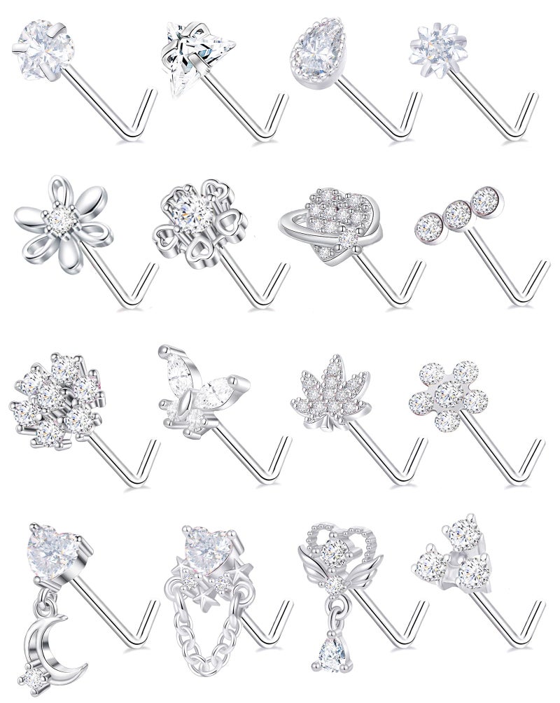 Tornito 16Pcs Nose Rings L Shaped Nose Stud Stainless Steel Butterfly Flower Leaf Heart Moon Dangle Nose Stud Ring Body Piercing Jewelry for Women Men 20G Clear CZ - Image 1