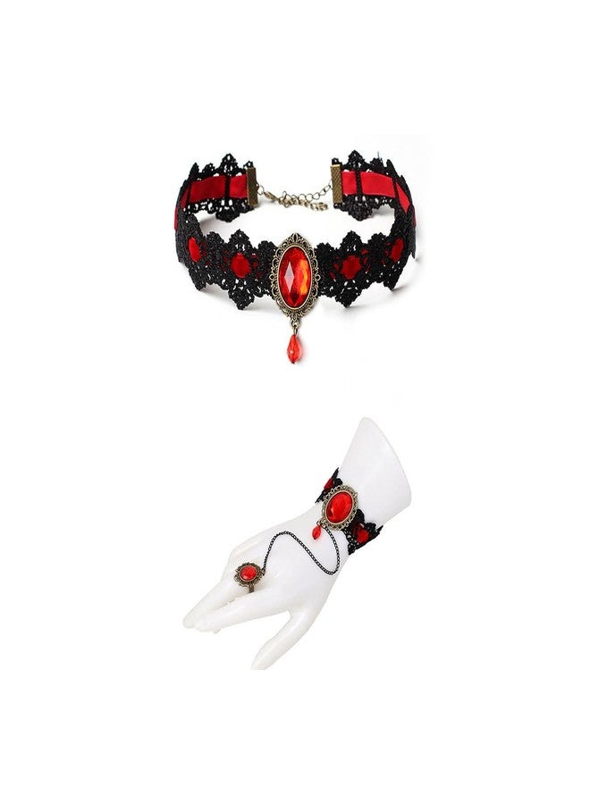 MIFYNN Gothic Lace Jewelry Set for Women Gothic Lace Necklace Hand Chain Bracelet Ring Set Vintage Crystal Choker Necklace Victorian Velvet Set Halloween Vampire Costume Accessories (Red)