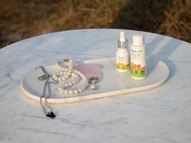 MARBIQUE Handcrafted Indian Marble Tray - Bathroom Vanity Tray, Jewelry Organizer, Decorative Serving Tray for Tea & Coffee | Home Décor & Storage | Elegant Housewarming & Wedding Gift (15×30 cm) - Image 4