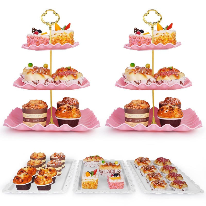 Findful 5 Pcs Dessert Table Display Set - 2 Pcs 3-Tier Dessert Stands & 3 Pcs Serving Tray - Dessert Trays for Tea Parties,Birthdays & Baby Showers - Image 1