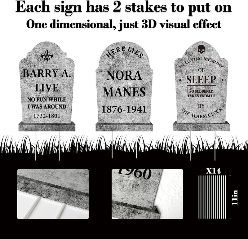 LimBridge Halloween Decorations Outdoor Graveyard Tombstones: 6ct Large Realistic Halloween Cemetery Tombstone Yard Signs with Stakes, 17" Vintage Gravestones, Waterproof Lawn Decor Outside (Flat, NOT foam) - Image 3
