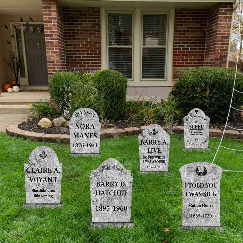 LimBridge Halloween Decorations Outdoor Graveyard Tombstones: 6ct Large Realistic Halloween Cemetery Tombstone Yard Signs with Stakes, 17" Vintage Gravestones, Waterproof Lawn Decor Outside (Flat, NOT foam) - Image 5