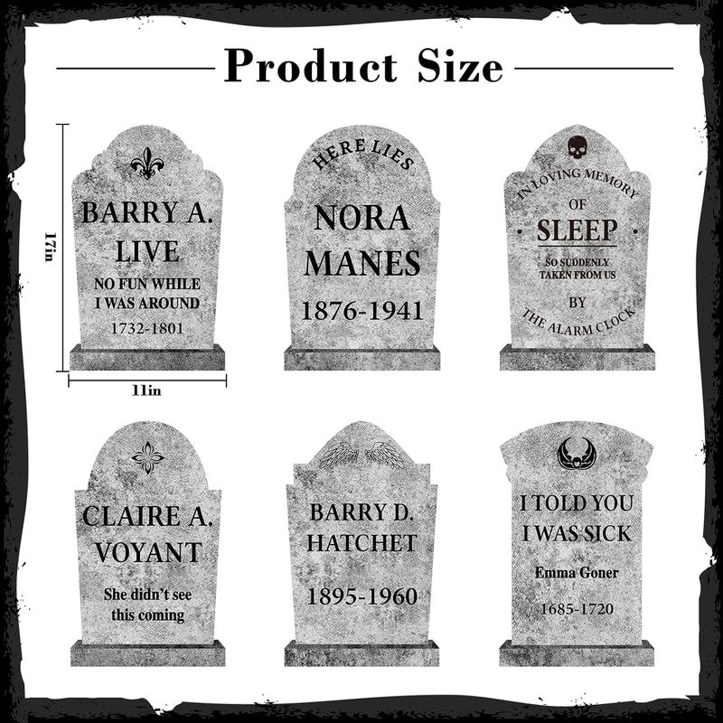 LimBridge Halloween Decorations Outdoor Graveyard Tombstones: 6ct Large Realistic Halloween Cemetery Tombstone Yard Signs with Stakes, 17" Vintage Gravestones, Waterproof Lawn Decor Outside (Flat, NOT foam) - Image 2