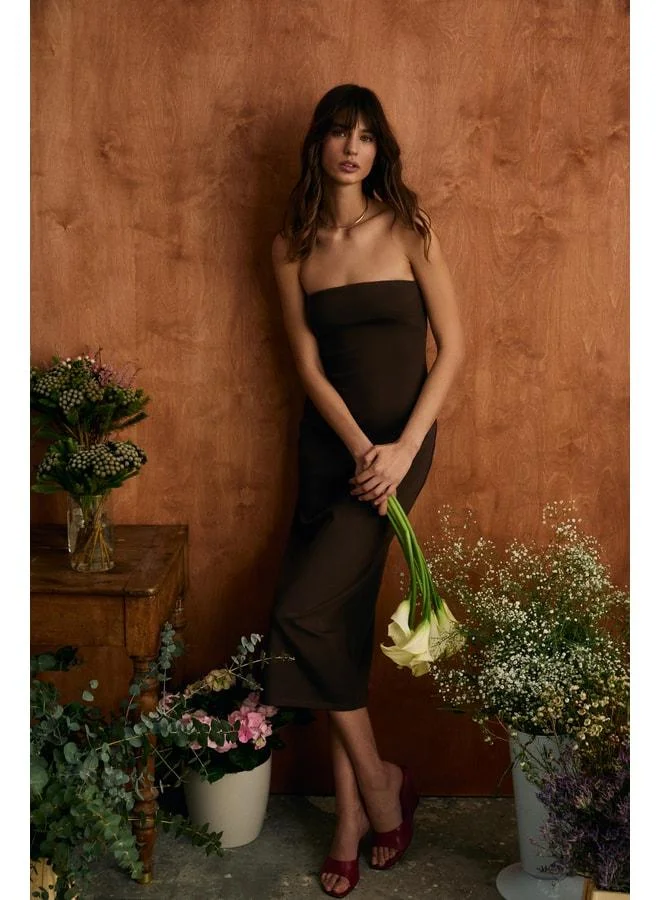 Grimelange RUMI Women's Soft and Stretchy Fabric Strapless Neck Long Brown Dress.