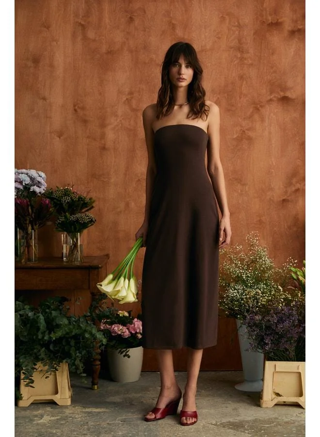 Grimelange RUMI Women's Soft and Stretchy Fabric Strapless Neck Long Brown Dress.
