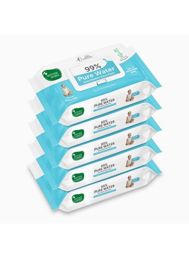 Mother Sparsh 99% Pure Water Baby Wipes Pack Of 5 (40 X 5 Wipes) ; Travel Friendly Pack Made With Plant Based Fabric - Image 1
