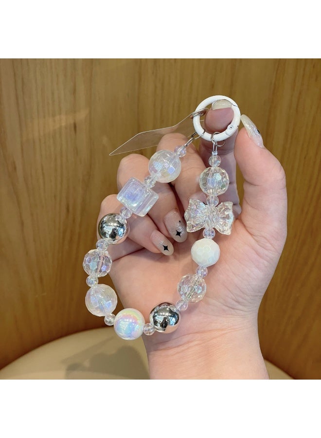 NIBEMINENT Super Cute Beaded Phone Charm – Trendy Phone Chain Wrist Strap, Shining Beads Chain Lanyard for Cell Phone,White - Image 1