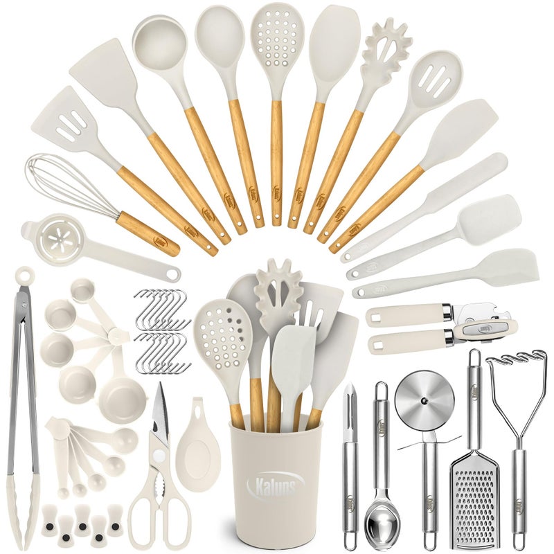 Kaluns 50 PCS Silicone Kitchen Utensils Set Complete Kitchen Set - 800Â°F Heat Resistant Non-Stick Premium Cooking Utensils W Wooden Handles - Can Opener, Masher, Turner, Silicone Spatula Set - Image 1