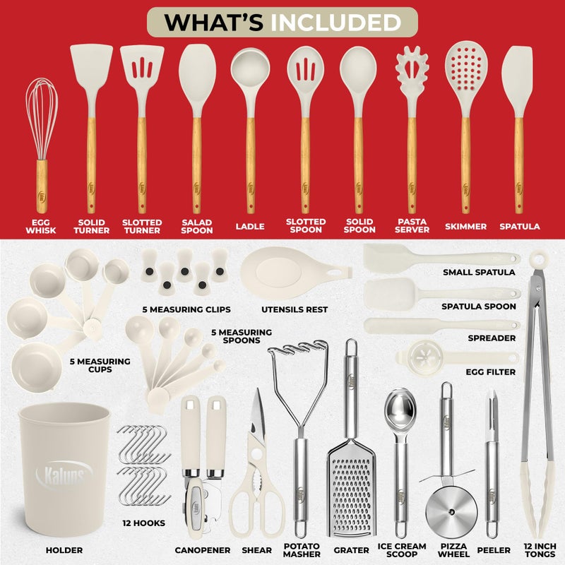 Kaluns 50 PCS Silicone Kitchen Utensils Set Complete Kitchen Set - 800Â°F Heat Resistant Non-Stick Premium Cooking Utensils W Wooden Handles - Can Opener, Masher, Turner, Silicone Spatula Set - Image 2
