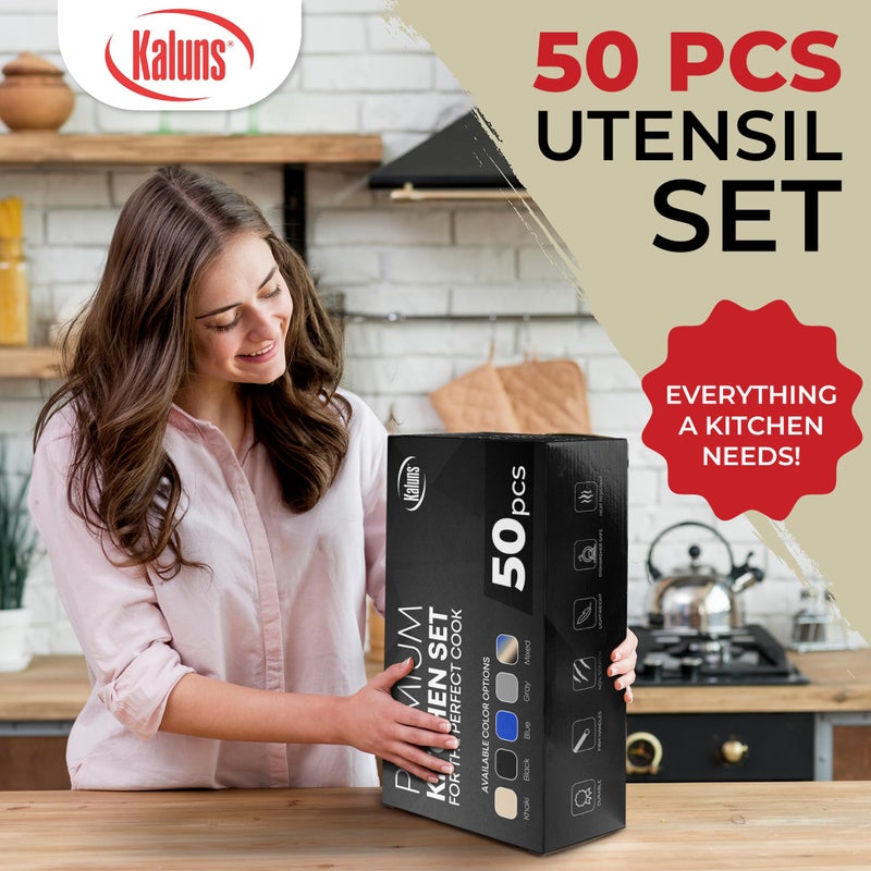 Kaluns 50 PCS Silicone Kitchen Utensils Set Complete Kitchen Set - 800Â°F Heat Resistant Non-Stick Premium Cooking Utensils W Wooden Handles - Can Opener, Masher, Turner, Silicone Spatula Set - Image 3