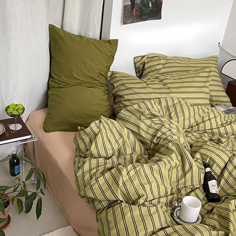 mixinni Vintage Stripes Duvet Cover Set Full - 3-Piece Mid-Century Cotton Olive & Taupe Striped Bedding, Soft Breathable All-Season Comforter Cover with Zipper Closure & Corner Ties-Full Size - Image 4