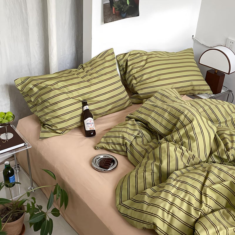 mixinni Vintage Stripes Duvet Cover Set Full - 3-Piece Mid-Century Cotton Olive & Taupe Striped Bedding, Soft Breathable All-Season Comforter Cover with Zipper Closure & Corner Ties-Full Size - Image 2
