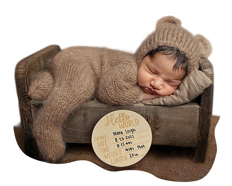 BLUETOP Baby Boy Costume Newborn Outfits, Newborn Photography Outfits Boy Girl with Bonnet, Hand-Knitted Teddy Bear Costume with Baby Announcement Sign - Image 1