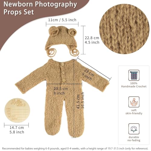 BLUETOP Baby Boy Costume Newborn Outfits, Newborn Photography Outfits Boy Girl with Bonnet, Hand-Knitted Teddy Bear Costume with Baby Announcement Sign - Image 2