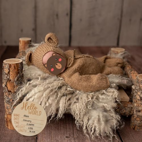 BLUETOP Baby Boy Costume Newborn Outfits, Newborn Photography Outfits Boy Girl with Bonnet, Hand-Knitted Teddy Bear Costume with Baby Announcement Sign - Image 5