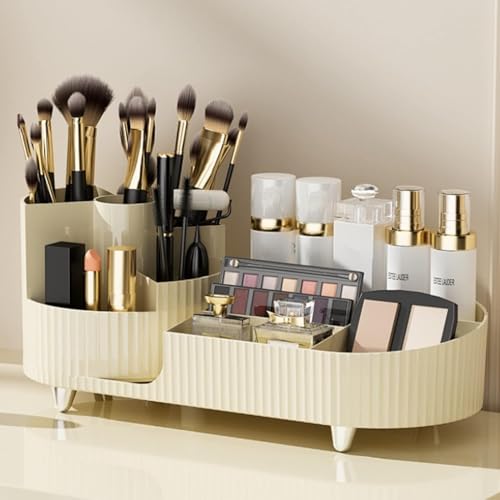 Lamok Countertop Makeup Organizer for Cosmetics, Rotating Vanity Holder for Lotions, Cream, Brushes, Eyeliner, Nail Polish, Lipstick, Eyeshadow, Jewelry (Ivory) - Image 1