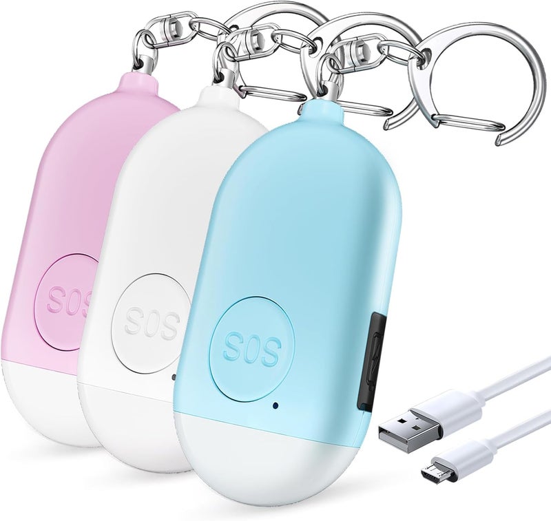 Kimfly Personal Safety Alarm - 3-Pack - Rechargeable - Strobe LED Flashlight - SOS Emergency Loud Siren - Self-Defense Keychain - for Women, Students, Children, Seniors (White, Pink, Blue) - Image 1
