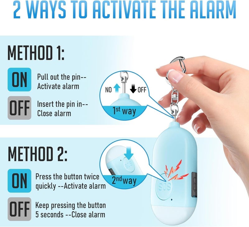 Kimfly Personal Safety Alarm - 3-Pack - Rechargeable - Strobe LED Flashlight - SOS Emergency Loud Siren - Self-Defense Keychain - for Women, Students, Children, Seniors (White, Pink, Blue) - Image 2
