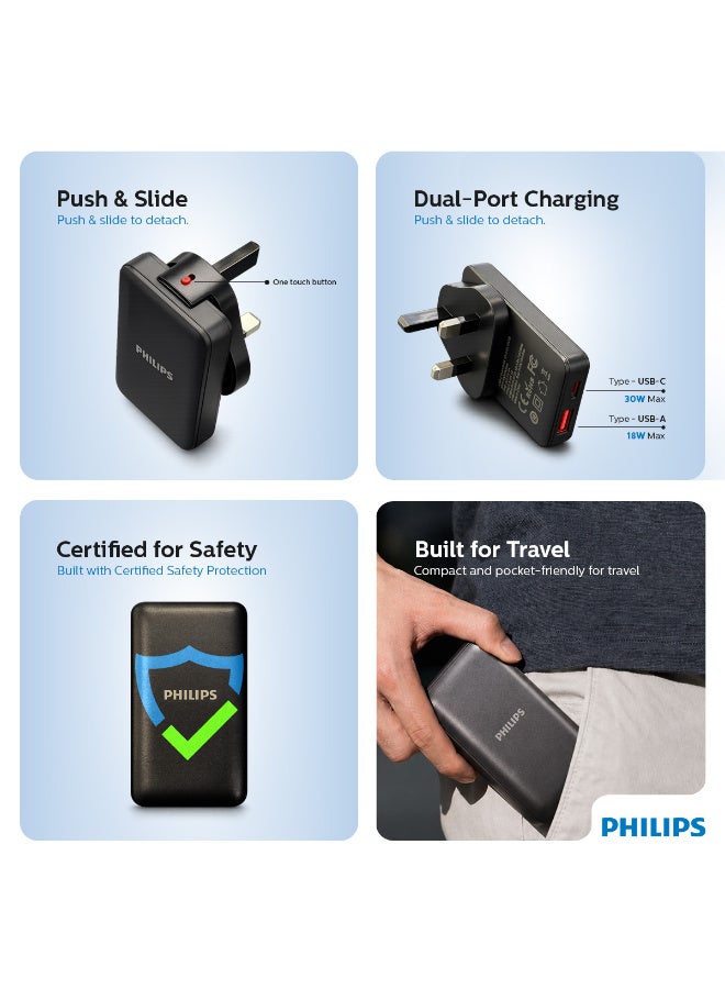 Philips 30W PD Fast Wall Charger, Ultra Slim Dual Port (USB-C & USB-A), Power Delivery 3.0, Compact Travel Adapter - Black - Image 3