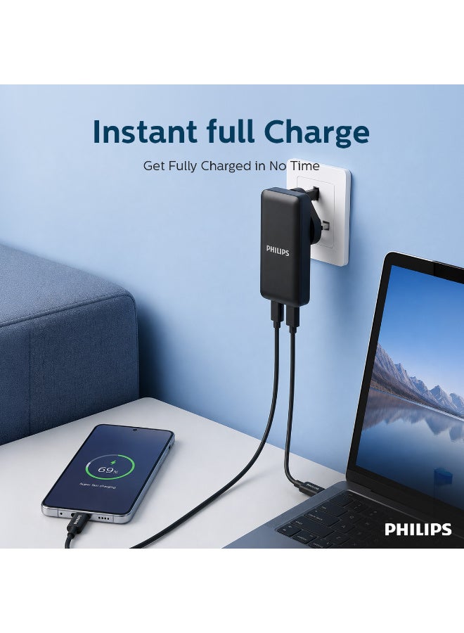 Philips 30W PD Fast Wall Charger, Ultra Slim Dual Port (USB-C & USB-A), Power Delivery 3.0, Compact Travel Adapter - Black - Image 5