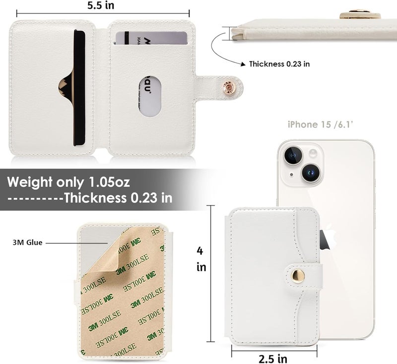 M-Plateau Phone Wallet Stick On, Small Card Holder for Phone Case with Snap Closure and Leather Phone Card Holder for Most Smartphones (White) - Image 2
