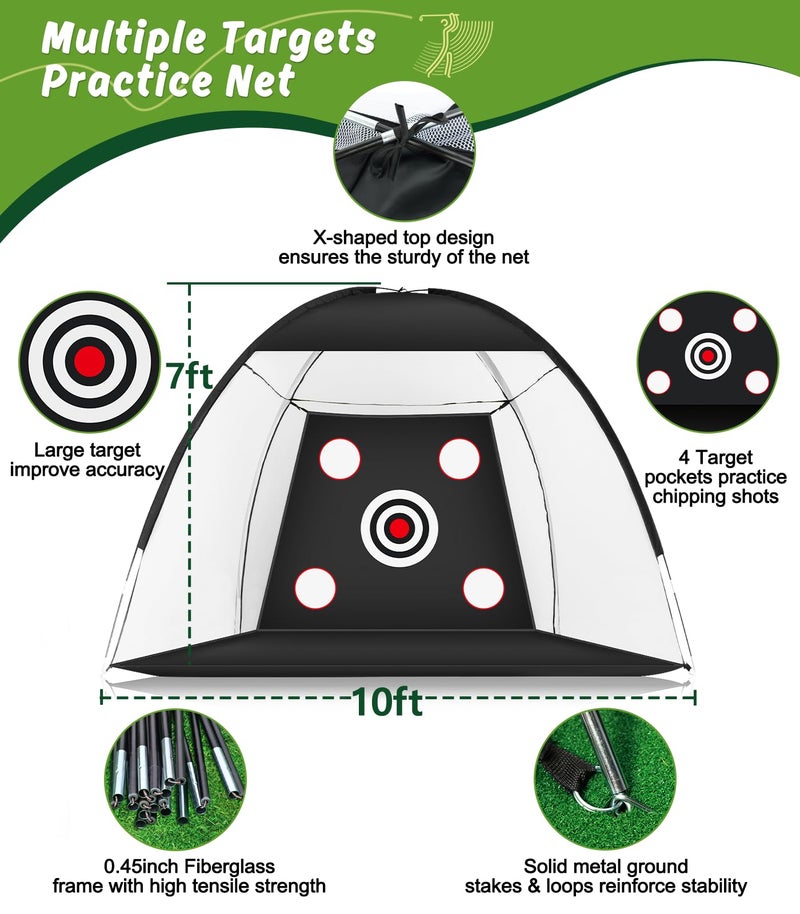 MUVPOH Golf Net: 10x7ft Golf Practice Net for Backyard Chipping Driving with Dual-Turf Golf Hitting Mat, All-in-1 Outdoor Indoor Golf Hitting Net with Multiple Targets, Golf Aid for Men/Golf Lovers - Image 2
