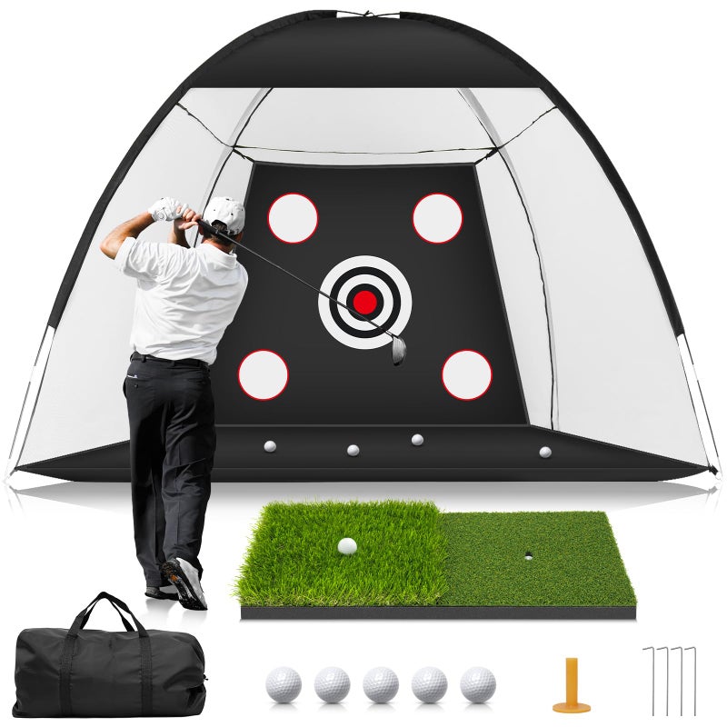 MUVPOH Golf Net: 10x7ft Golf Practice Net for Backyard Chipping Driving with Dual-Turf Golf Hitting Mat, All-in-1 Outdoor Indoor Golf Hitting Net with Multiple Targets, Golf Aid for Men/Golf Lovers - Image 1