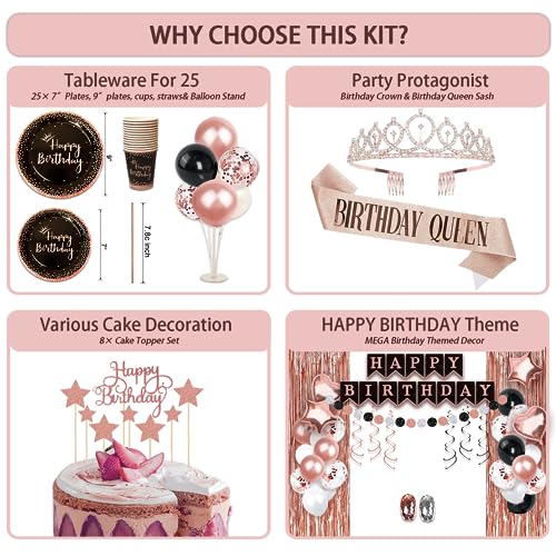 UJoyant Birthday Decorations For Women, 229 Pcs Rose Gold and Black Happy Birthday Supplies - Disposable Dinnerware Set with 25 Guest, Balloons, Sash, Tiara, Banner, Fringe Curtain, Photo Booth Props - Image 4