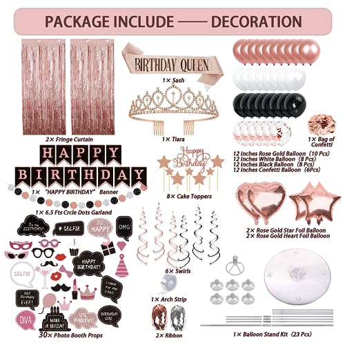UJoyant Birthday Decorations For Women, 229 Pcs Rose Gold and Black Happy Birthday Supplies - Disposable Dinnerware Set with 25 Guest, Balloons, Sash, Tiara, Banner, Fringe Curtain, Photo Booth Props - Image 2