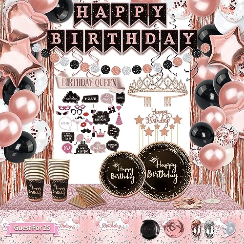 UJoyant Birthday Decorations For Women, 229 Pcs Rose Gold and Black Happy Birthday Supplies - Disposable Dinnerware Set with 25 Guest, Balloons, Sash, Tiara, Banner, Fringe Curtain, Photo Booth Props - Image 1