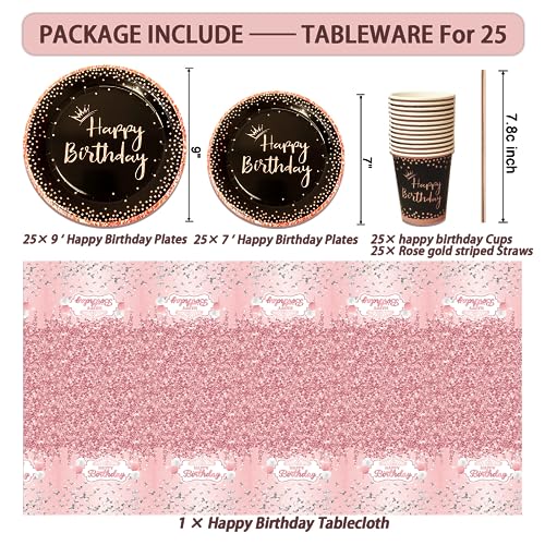 UJoyant Birthday Decorations For Women, 229 Pcs Rose Gold and Black Happy Birthday Supplies - Disposable Dinnerware Set with 25 Guest, Balloons, Sash, Tiara, Banner, Fringe Curtain, Photo Booth Props - Image 3