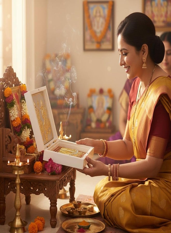 ARTSMINE Gold Plated Shri Ganesh Laxmi Ji Pooja Box with Charan Paduka - Foldable Spiritual Decorative Gift|Ideal for Home Temple, Diwali, Wedding, Housewarming & Corporate Gift - 1 Unit (12 × 12 CM) - Image 3