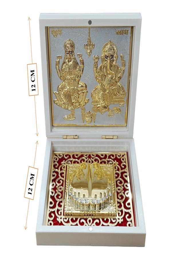 ARTSMINE Gold Plated Shri Ganesh Laxmi Ji Pooja Box with Charan Paduka - Foldable Spiritual Decorative Gift|Ideal for Home Temple, Diwali, Wedding, Housewarming & Corporate Gift - 1 Unit (12 × 12 CM) - Image 4