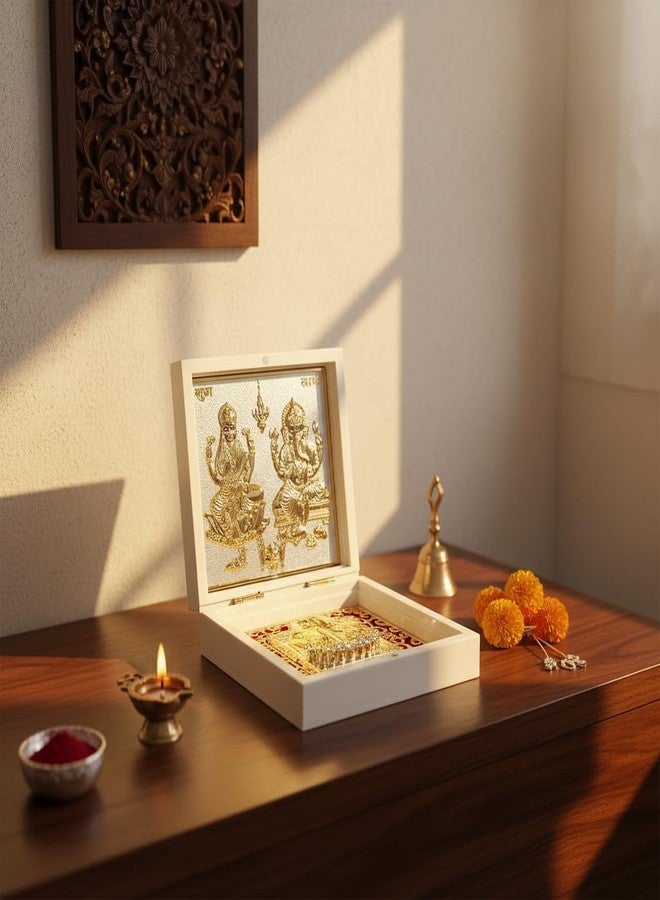 ARTSMINE Gold Plated Shri Ganesh Laxmi Ji Pooja Box with Charan Paduka - Foldable Spiritual Decorative Gift|Ideal for Home Temple, Diwali, Wedding, Housewarming & Corporate Gift - 1 Unit (12 × 12 CM) - Image 5