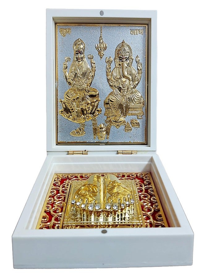 ARTSMINE Gold Plated Shri Ganesh Laxmi Ji Pooja Box with Charan Paduka - Foldable Spiritual Decorative Gift|Ideal for Home Temple, Diwali, Wedding, Housewarming & Corporate Gift - 1 Unit (12 × 12 CM) - Image 1