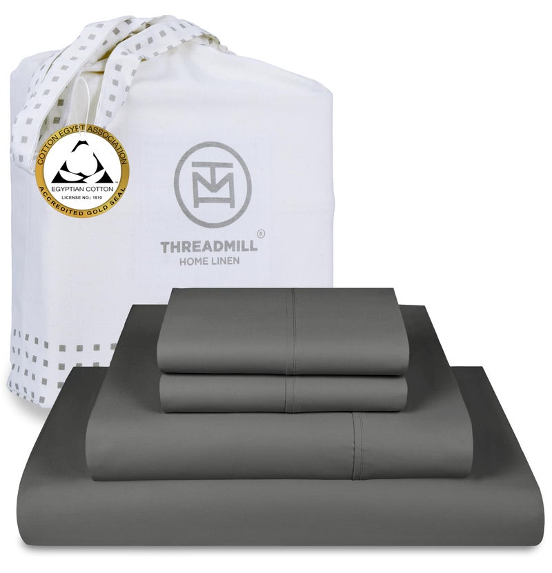 Threadmill Egyptian Cotton Full Size Sheet Set  100 Certified Egyptian Cotton Full Bed Sheets with 4Piece Cooling Bedding Set  Deep Pocket Soft Sateen Dark Grey