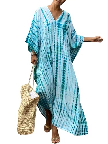 Moss Rose Women Summer Caftan Coverups Dress Kimono Beach Vacation Wear V Neck Print Maxi Boho Dress - Image 1