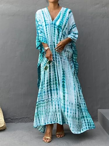 Moss Rose Women Summer Caftan Coverups Dress Kimono Beach Vacation Wear V Neck Print Maxi Boho Dress - Image 4