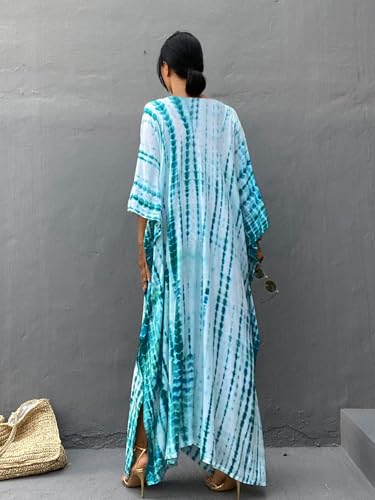 Moss Rose Women Summer Caftan Coverups Dress Kimono Beach Vacation Wear V Neck Print Maxi Boho Dress - Image 2