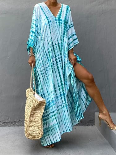 Moss Rose Women Summer Caftan Coverups Dress Kimono Beach Vacation Wear V Neck Print Maxi Boho Dress - Image 5