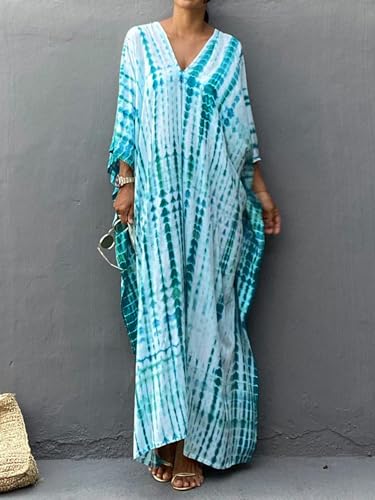 Moss Rose Women Summer Caftan Coverups Dress Kimono Beach Vacation Wear V Neck Print Maxi Boho Dress - Image 3