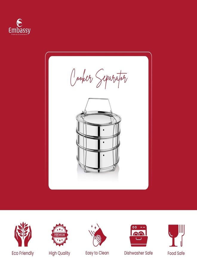 Embassy Stainless Steel Cooker Separator | Suitable for Hawkins Classic Inner-Lid Pressure Cooker, 12 Litres (Model No. CL12) | 3 Containers With Lifter | Dimension 19x19x16 cm - Image 4