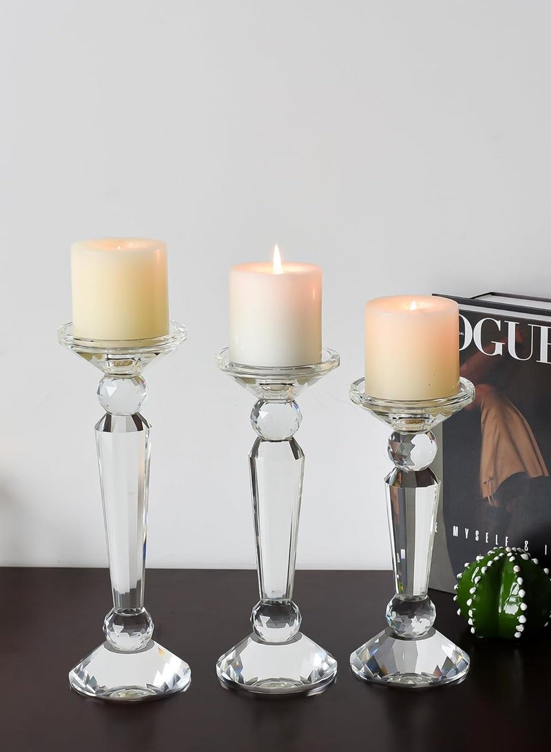 Firasa مجموعة حوامل الشموع الكريستالية من 3 قطع، حوامل شموع كريستالية شفافة للأعمدة/الشموع الطويلة لتزيين الطاولات في الحفلات وحفلات الزفاف - Image 1
